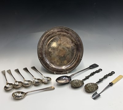 Lot 174 - A cheese scoop six O.E. soup spoons, a pair of...