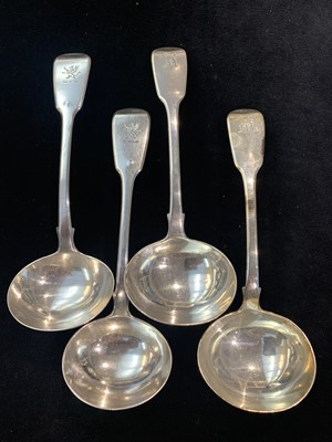 Lot 146 - Two pairs of Georgian fiddle pattern sauce...