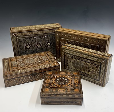 Lot 1009 - Five Syrian inlaid hardwood work boxes,...
