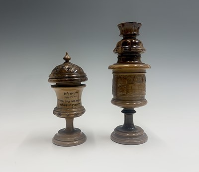 Lot 1018 - Two Jerusalem olive wood urns and covers, each...