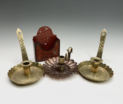 Lot 87 - A pair of brass Arts and Crafts chambersticks,...