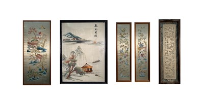 Lot 113 - Five Chinese silk embroidered pictures, 20th...