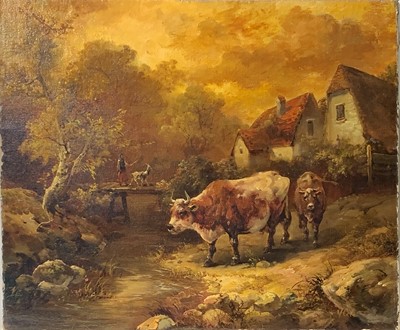 Lot 810 - V COLE Cattle by a Stream Oil on canvas lined...