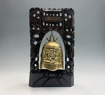 Lot 173 - A Chinese carved hardwood and brass inlaid...