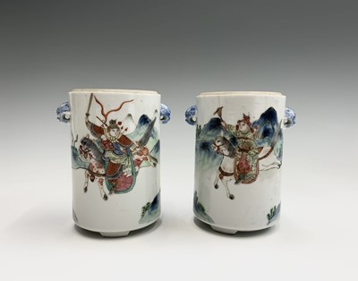 Lot 76 - A pair of Chinese famille verte cylindrical...