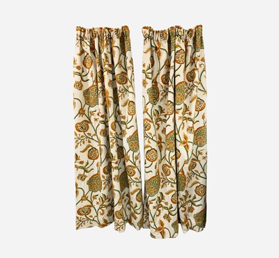 Lot 9 - Two pairs of lined crewelwork curtains worked...