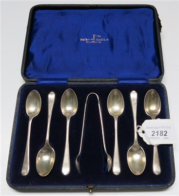 Lot 2182 - A set of six silver teaspoons and tongs cased,...