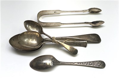 Lot 2187 - Six silver spoons and a pair of silver sugar...