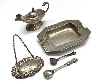 Lot 2192 - A small silver wick lamp, an engine turn...