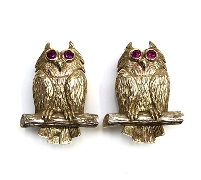 Lot 2481 - A pair of heavy 9ct gold owl earrings each...