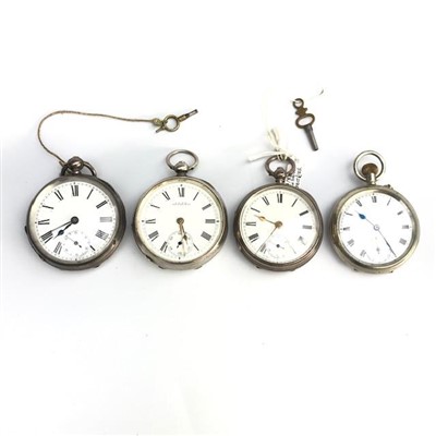 Lot 2730 - 3 Silver open face key wind pocket watches,...