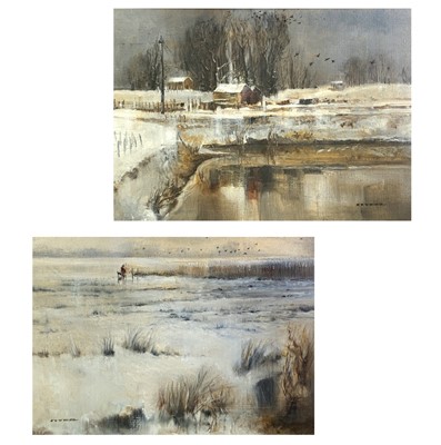 Lot 367 - Ted DYER (1940) A pair of rural snow scenes...