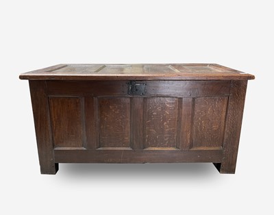 Lot 143 - An oak coffer, 17th century, with a quadruple...
