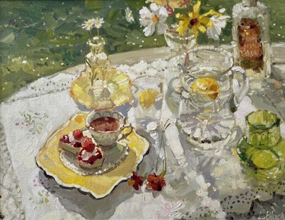 Lot 84 - Lizzie BLACK  Cream Tea in August Oil on board...