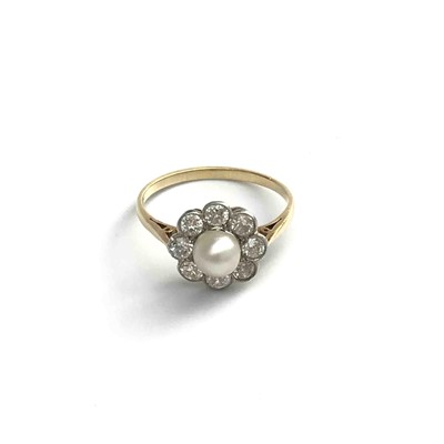 Lot 2755 - A pearl and diamond cluster ring.