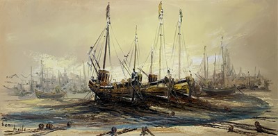 Lot 440 - Ben MAILE (1922 - 2017) Beached boats Oil on...