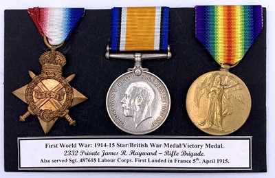 Lot 102 - 1st World War 1914-15 trio Awarded to 2332...