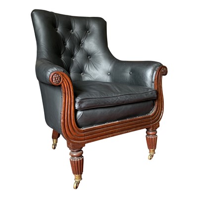 Lot 3392 - A Regency buttoned black leather upholstered...