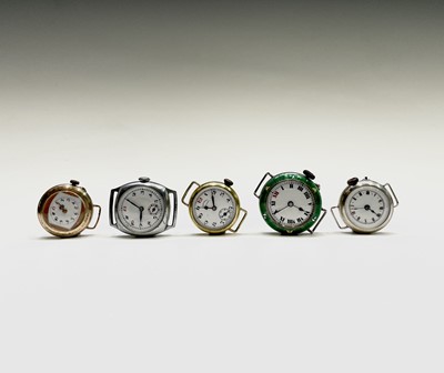 Lot 148 - A trench wristwatch with green enamel bezel...