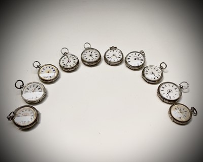 Lot 168 - Ten silver cased key-wind fob watches each...