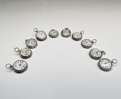 Lot 90 - Seven silver key-wind fob watches each with...