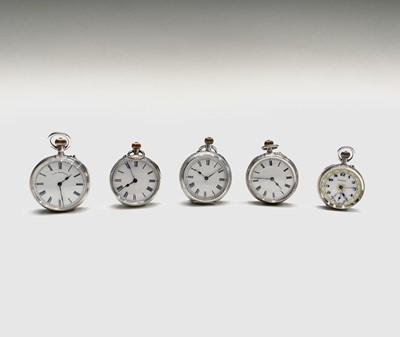 Lot 174 - Four silver keyless fob watches with white...