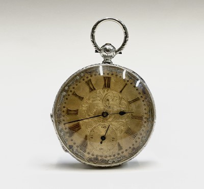 Lot 98 - A silver key-wind pocket watch with ornate...