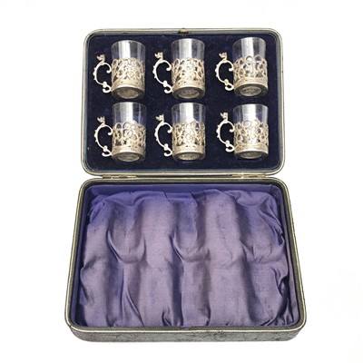Lot 2135 - A set of six silver mounted liqueur glasses,...
