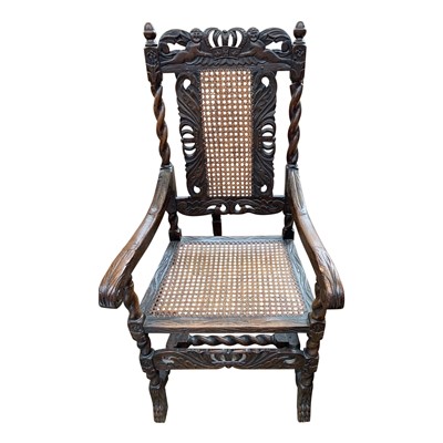 Lot 3366 - A set of six Jacobean style oak dining chairs,...