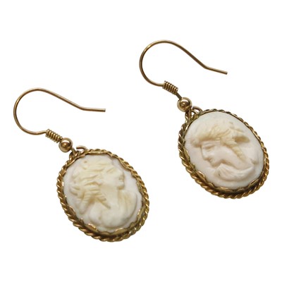 Lot 2807 - A pair of gold mounted cameo earrings.