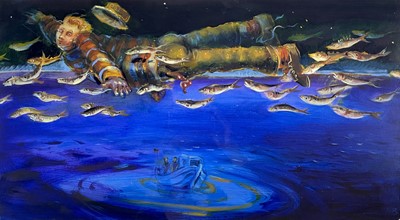 Lot 337 - Nicola BEALING (1963) The Flying Fisherman Oil...