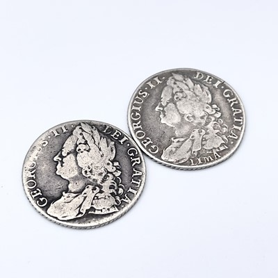Lot 32E - George II Shillings x 2. 1745 Roses F, 1745...