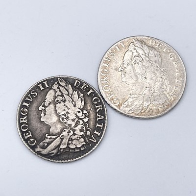 Lot 32F - George II Shillings x 2. 1747 Roses F-VF, 1758...