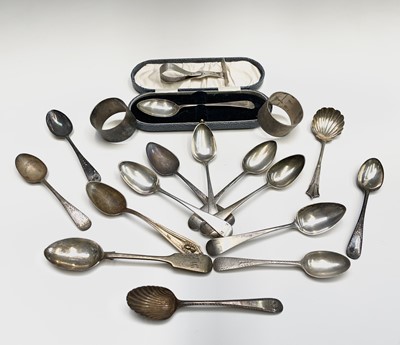 Lot 40 - Silver spoons a silver pusher and two plain...