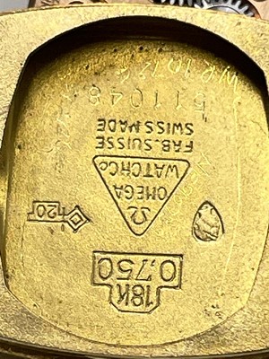 Lot 1 - A ladies square 18ct gold Omega wristwatch...