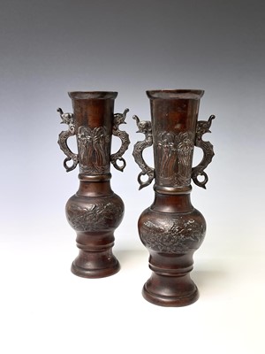 Lot 349 - A pair of Japanese bronzed vases, with dragon...