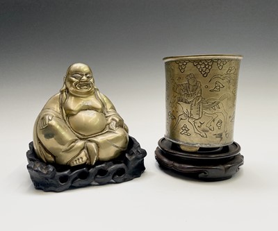 Lot 354 - A Chinese brass brush pot on stand, 19th...