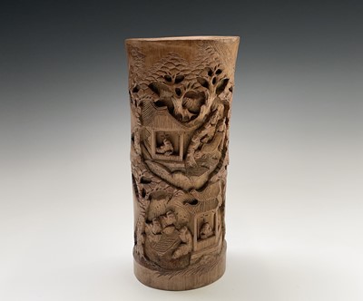 Lot 381 - A Chinese bamboo brush pot, 20th century,...