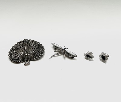Lot 202 - A silver and marcasite peacock brooch, a...