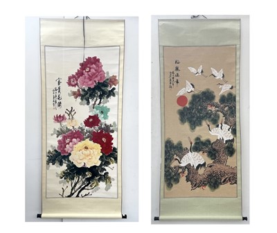 Lot 390 - A Japanese painted scroll, depicting cranes,...
