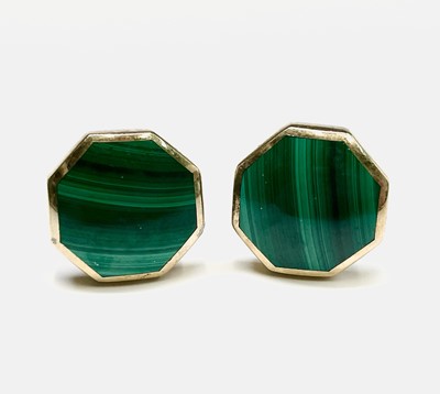 Lot 219 - A pair of 9ct gold and malachite cufflinks...