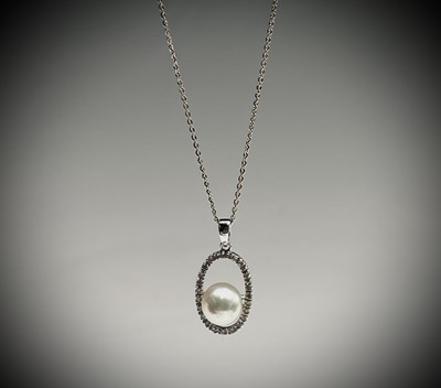 Lot 226 - An 18ct white gold 6.97mm pearl pendant with a...