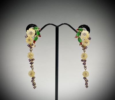 Lot 241 - A pair of pendulous earrings with enamelled...