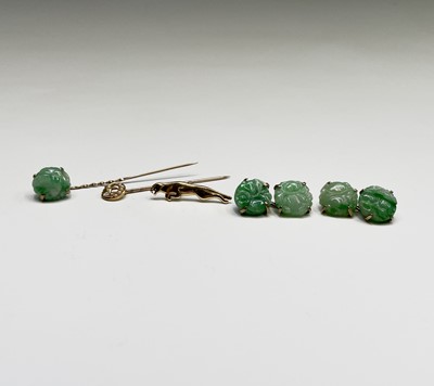 Lot 369 - A pair of 9ct gold mounted jade cufflinks...