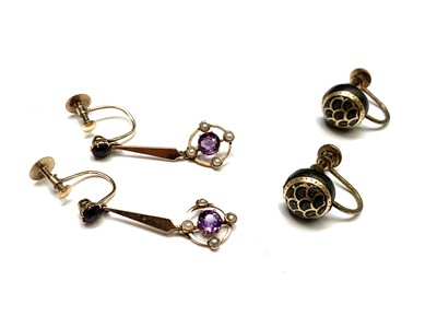 Lot 442 - A pair of gold amethyst and pearl earrings...