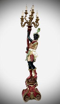 Lot 3148 - A carved, painted and gilt floor standing...