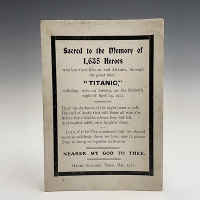 Lot 152 - A Titanic memorial card, printed with the...