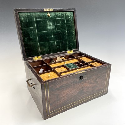 Lot 198 - A rosewood and brass inlaid work/travel box,...