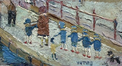 Lot 157 - Fred YATES (1922-2008) Over the Bridge Oil on...