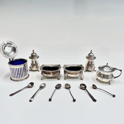 Lot 55 - A collection of silver condiments and six...
